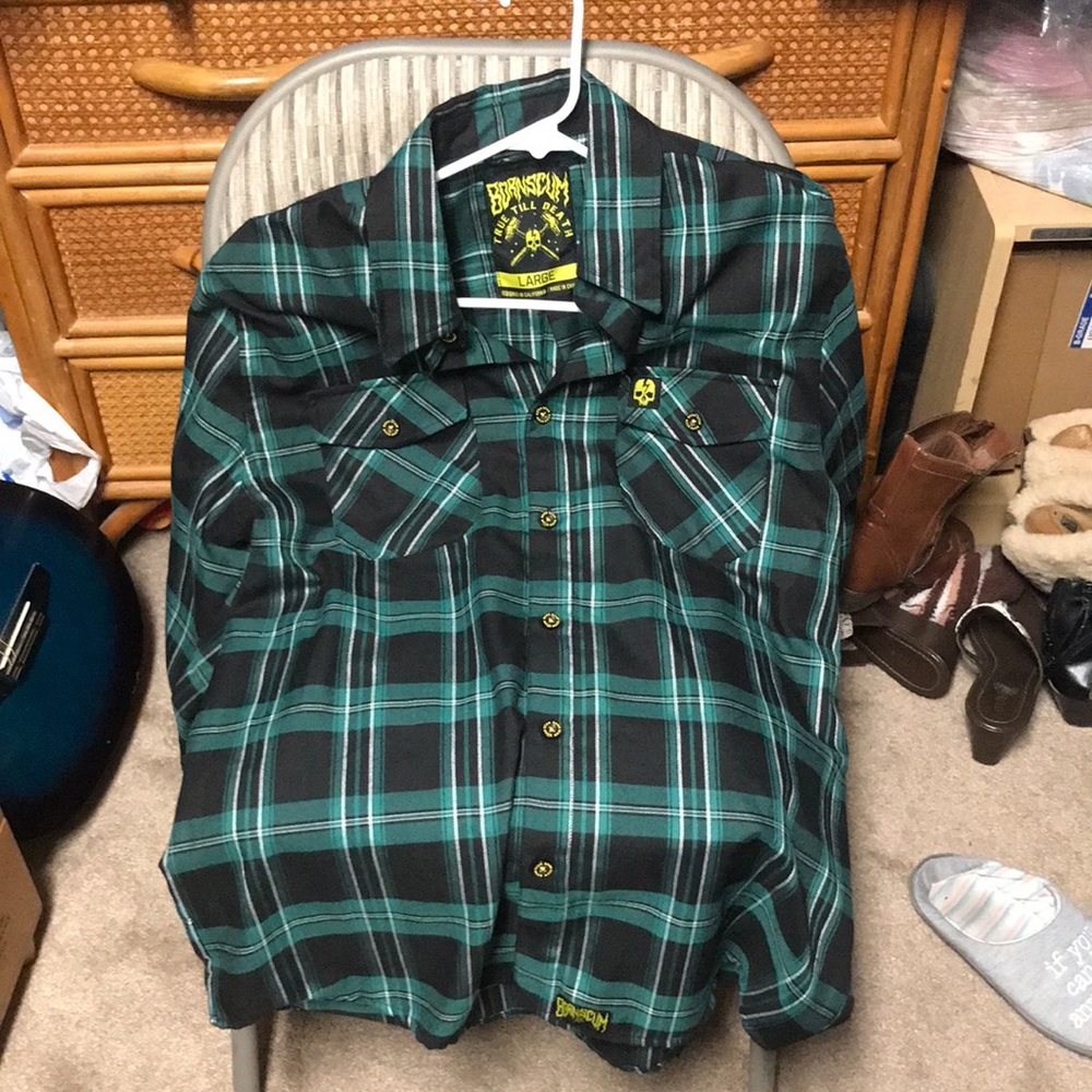 Born Scum true till death plaid polyester shirt size large.